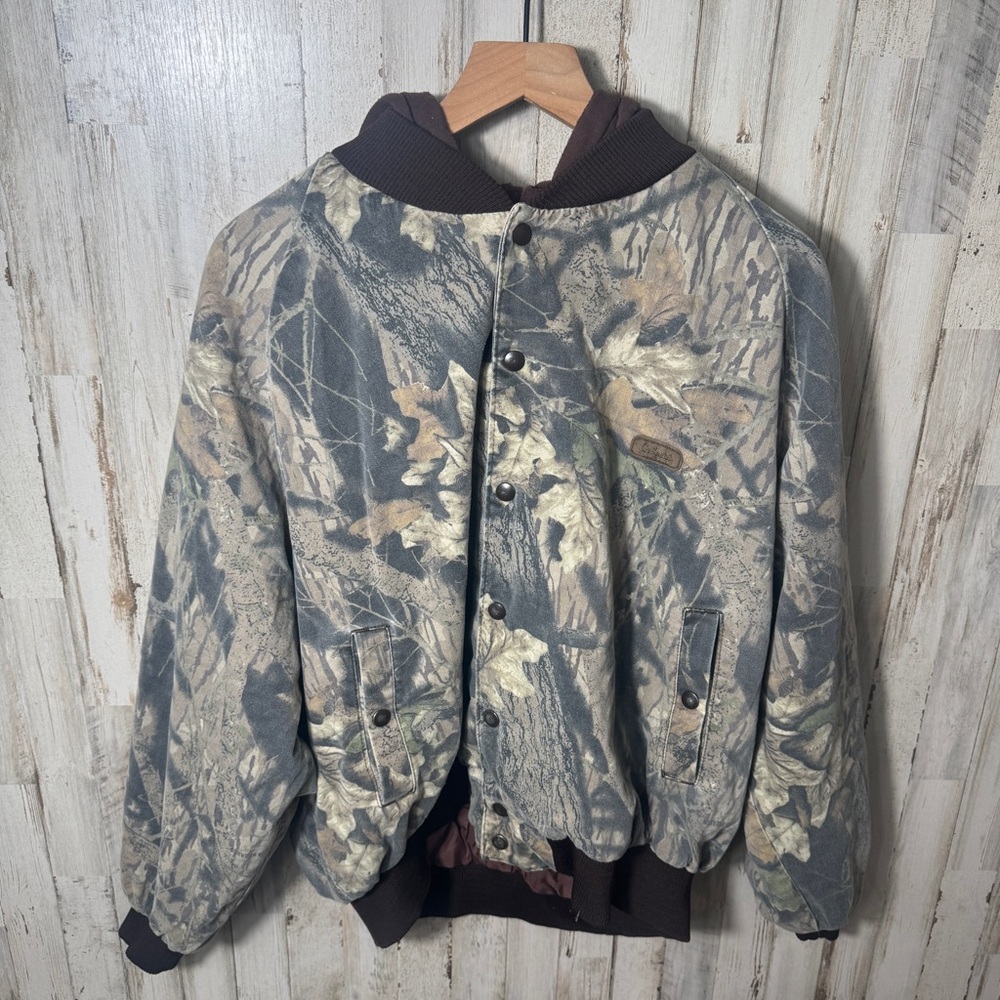 Vintage Cabela's Mossy Oak Camo‎ Hooded Bomber Snap Button Jacket Mens XL